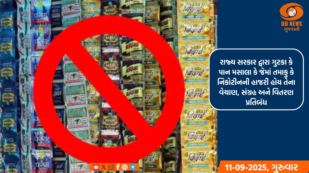 રાજ્ય સરકાર દ્વારા ગુજરાતમાં ગુટકા તેમજ તમાકુ કે નિકોટીન યુક્ત પાન-મસાલા વેચાણ, સંગ્રહ અને વિતરણ ઉપર વધુ એક વર્ષનો પ્રતિબંધ