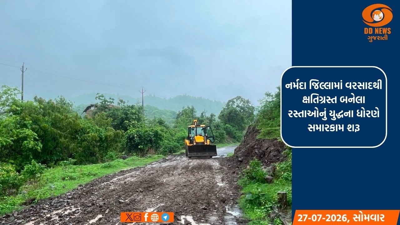 નર્મદા જિલ્લામાં વરસાદથી ક્ષતિગ્રસ્ત બનેલા રસ્તાઓનું યુદ્ધના ધોરણે સમારકામ શરૂ