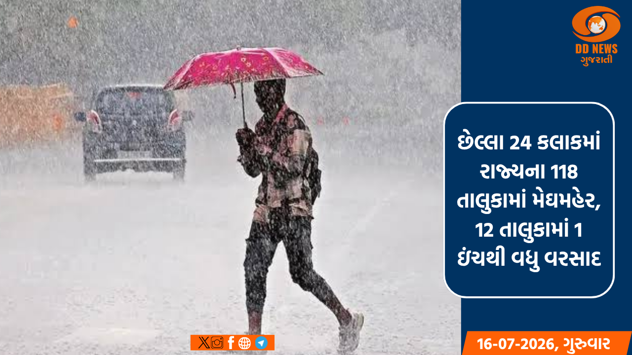 છેલ્લા 24 કલાકમાં રાજ્યના 118 તાલુકામાં મેઘમહેર, 12 તાલુકામાં 1 ઇંચથી વધુ વરસાદ