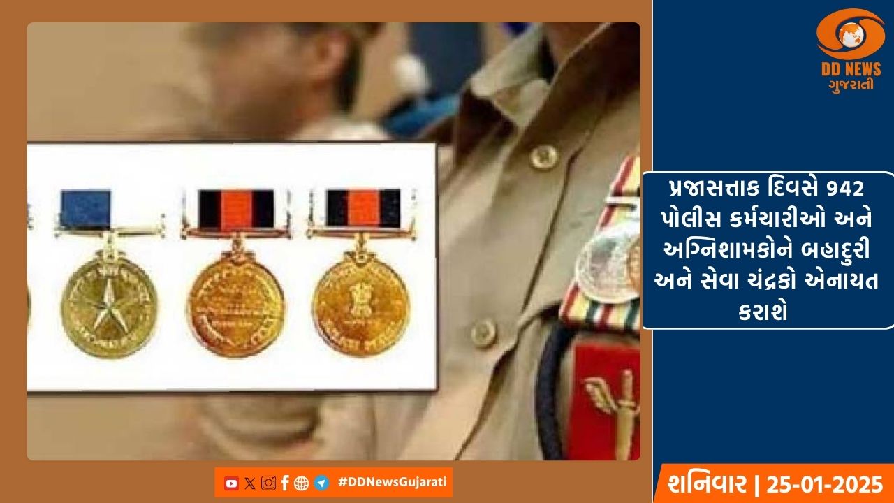 પ્રજાસત્તાક દિવસે 942 પોલીસ કર્મચારીઓ અને અગ્નિશામકોને બહાદુરી અને સેવા ચંદ્રકો એનાયત કરાશે